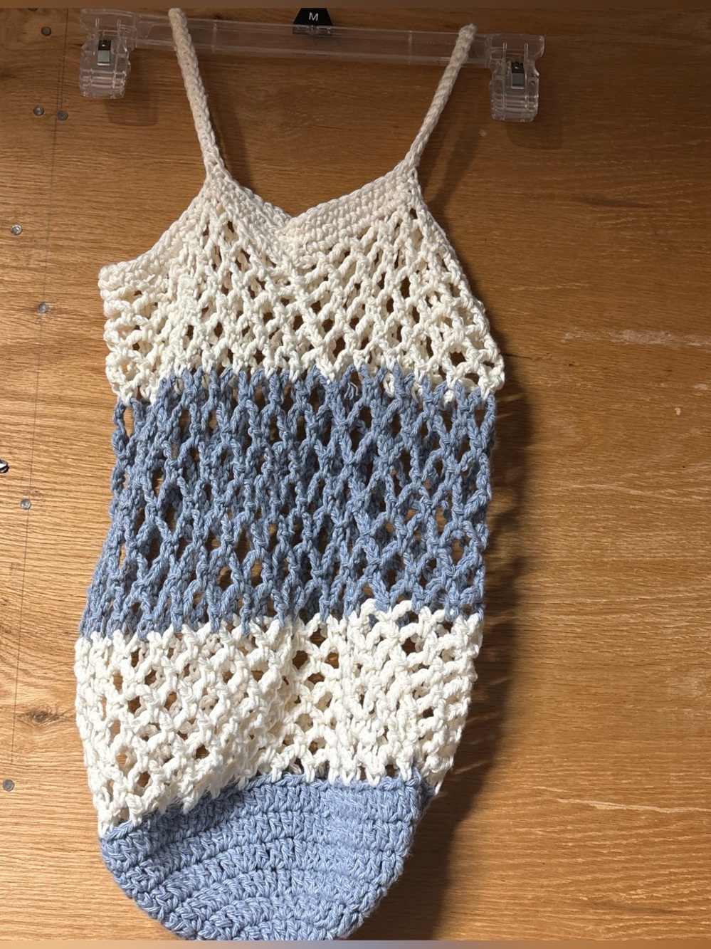 Crochet Mesh Hand Bag in White  and Light Blue